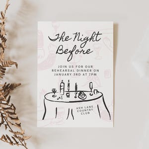Minimalist Rehearsal Dinner Invitation Template, The Night Before, Hand Drawn Editable Simple Wedding Rehearsal Invite, Whimsical Vintage