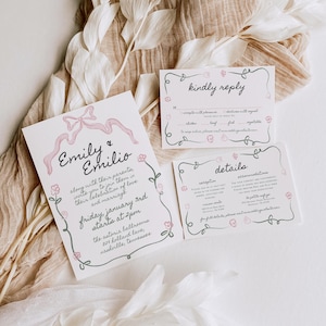 Skurriles Hochzeitseinladungs-Vorlagenset für Blumenfrühlingsthema, bearbeitbare rosa und grüne Vintage-Märcheneinladung, Antwortkarten-Detailkarte