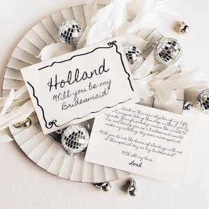 Kaartsjabloon bruidsmeisje voorstel met strikrand, vintage handgetekende Will You Be My Bridesmaid Invite, retro afdrukbaar ontwerp bruidsmeisje