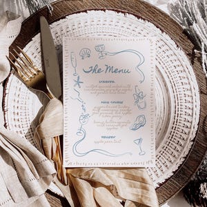 Modelo de menu para tema de casamento na praia costeira, jantar de verão divertido desenhado à mão, ilustrações de rabiscos de conchas de ostras peculiares