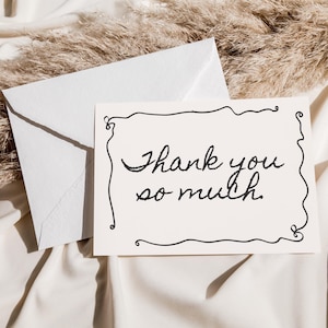 Modello semplice per biglietto di ringraziamento per matrimonio per tema minimalista classico, biglietto di ringraziamento stampabile modificabile in bianco e nero, stile vintage disegnato a mano