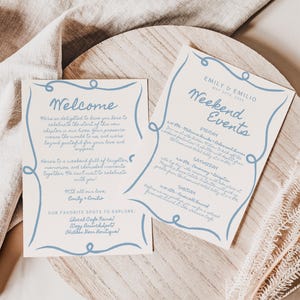Lettre de bienvenue de mariage dessinée à la main et modèle d'événements de week-end, carte de commande des événements de mariage à destination lunatique, itinéraire côtier bleu