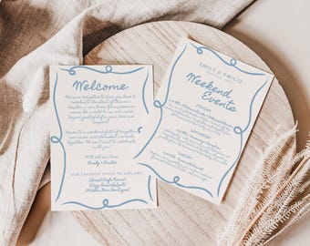Hand Drawn Wedding Welcome Letter and Weekend Events Template, Whimsical Destination Wedding Order of Events Card, Blue Coastal Itinerary