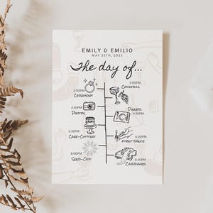 Handgetekende bruiloft tijdlijnsjabloon met pictogrammen, vintage boho kaart met volgorde van gebeurtenissen, afdrukbare dag van details, modern minimalistisch ontwerp