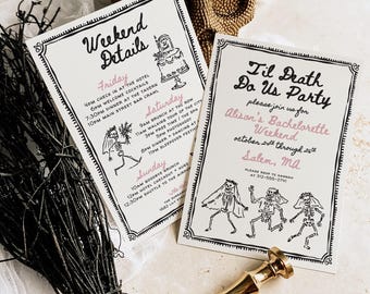 Dancing Skeleton Bachelorette Invitation: Hand Drawn Gothic Pink Template