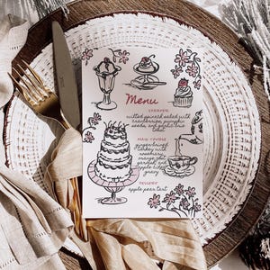 Menüvorlage für ein wunderliches Teeparty-Hochzeitsthema, Handgezeichnetes Vintage-Dinner-Party-Menü, Eistorte Doodle Illustrationen, Blumen