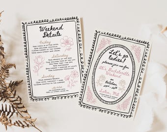 Bachelorette Invitation: Pink Floral Garden Party - Hand Drawn Canva Template