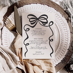 Black White Menu Template for Minimalist Wedding Theme, Hand Drawn Classic Dinner Party Menu, Whimsical Quirky Vintage Ribbon Bow Border