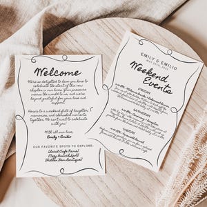 Carta de bienvenida a la boda dibujada a mano y plantilla de eventos de fin de semana, tema de boda minimalista moderno, tarjeta de orden de eventos, itinerario en blanco y negro