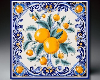 Italian Mediterranean Deruta Style Ceramic Tile | Umbria Style Tile | Wall Decor | Ceramic Tile Art | Trivet Option | Lemon Kitchen Art
