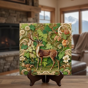 William Morris Inspired Woodland Deer Ceramic Tile | Art Nouveau | Wall Decor | Vintage Art  | Classic Deer Buck Art | Traditional Decor