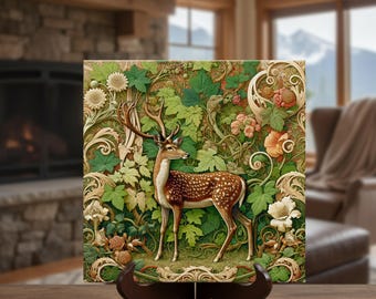 William Morris Inspired Woodland Deer Ceramic Tile | Art Nouveau | Wall Decor | Vintage Art  | Classic Deer Buck Art | Traditional Decor