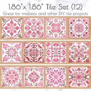 Pink and White  Spanish or Portuguese Azulejo Tiles for Crafts, Magnets, and DIY Projects | Mosaic Craft Supplies | Magnet Making Tiles