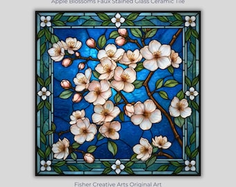 Michigan Apple Blossom Faux Stained Glass Tile | State Flower of Michigan | Wall Art | Cottage Kitchen Decor | Gift for Michigan Lovers