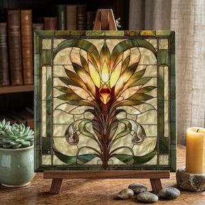 Stained Glass Look Lotus Art Tile | Amber & Green Art Nouveau | Vintage Botanical Wall Art | Zen Home Decor | Gift for Her, Mom | Meditation image 2