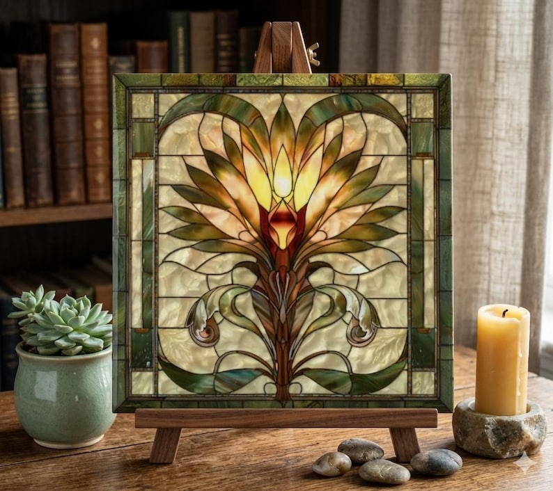 Stained Glass Look Lotus Art Tile | Amber & Green Art Nouveau | Vintage Botanical Wall Art | Zen Home Decor | Gift for Her, Mom | Meditation image 2