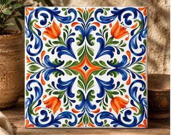 Mexican Talavera Style Ceramic Backsplash Tile | Cobalt Blue Orange White Pattern | Kitchen Bath Wall | Spanish Azulejo | Hacienda Decor