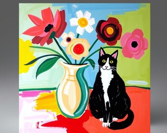 Tuxedo Cat Art Tile | Black White Cat | Matisse Inspired Cat | Cat