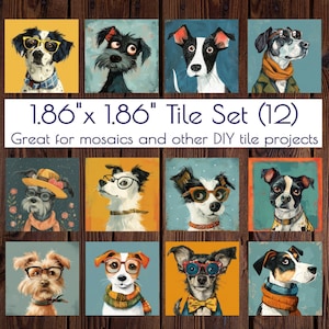 May include: A set of twelve 1.86" x 1.86" square tiles featuring illustrated dogs wearing glasses and accessories. The tiles are arranged in a grid pattern. Text on the image reads "Tile Set (12)" and "Great for mosaics and other DIY tile projects."