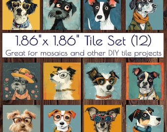 Whimsical Dogs Set of 12 Tiles for Crafts, Magnets, and DIY Projects | 1 dozen Dog Tiles | Mosaic Craft Supplies | Magnet Making Supplies