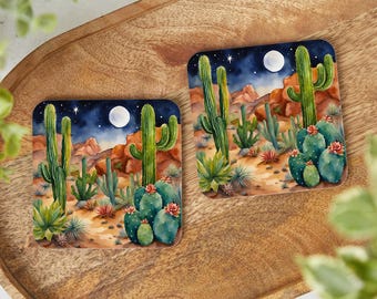 Cactus Moonlight Ceramic Coaster Set: Desert Southwest Decor