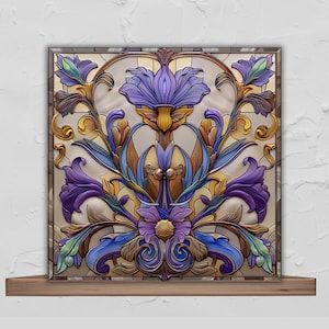 Purple Floral Art Nouveau Ceramic Tile | Vintage Inspired Wall Art |  Purple Iris Art | Trivet Option | Gift for Her | Decorative Tile