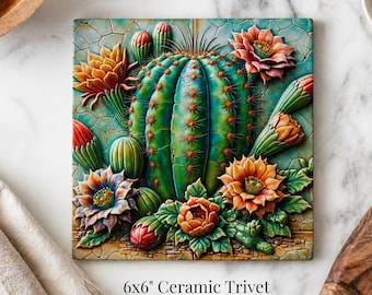 Ceramic Cactus Trivet, Southwestern Decor | Desert Decor | Gift for Cook | Housewarming Gift | Arizona Art | Saguaro Cactus Flower |