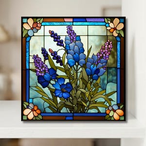 Texas Bluebonnets Tile | Texas State Flower Gift | Bluebonnet Art Tile | Housewarming Gift | Stained Glass Style Floral | Gift for Texan image 1