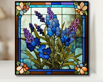 Texas Bluebonnets Tile | Texas State Flower Gift | Bluebonnet Art Tile | Housewarming Gift | Stained Glass Style Floral  | Gift for Texan