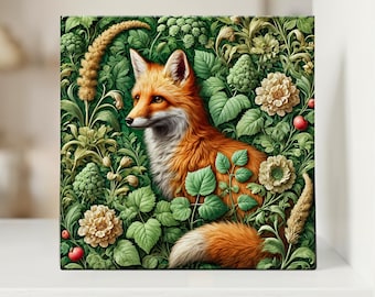 May include: A square wall art print featuring a red fox with a white chest and tail tip, nestled among dense green foliage, light-coloured flowers, and small red berries. The fox is positioned in the centre, surrounded by detailed leaves.