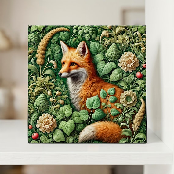 William Morris Inspired Woodland Fox Ceramic Tile | Art Nouveau | Wall Decor | Vintage Art | Traditional Decor  | Trivet Option | Gift