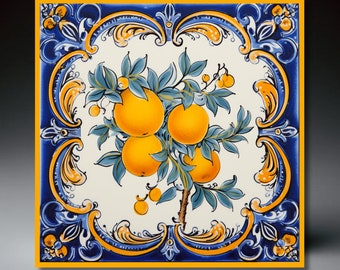 Italian Mediterranean Deruta Style Ceramic Tile | Umbria Style Tile | Wall Decor | Ceramic Tile Art | Umbria Style | Lemon Kitchen Decor