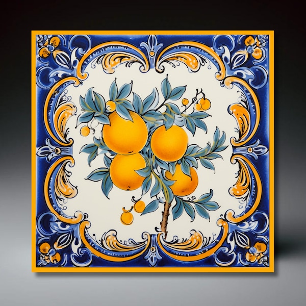 Italian Mediterranean Deruta Style Ceramic Tile | Umbria Style Tile | Wall Decor | Ceramic Tile Art | Umbria Style | Lemon Kitchen Decor