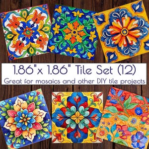 May include: A set of twelve 1.86" x 1.86" decorative tiles with colorful floral designs. The tiles feature intricate patterns in shades of blue, orange, yellow, and red. The text on the image reads "1.86" x 1.86" Tile Set (12)".