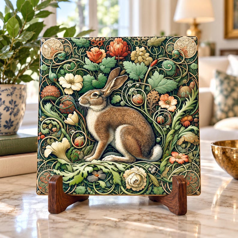 May include: A square decorative tile featuring a central brown rabbit surrounded by intricate green foliage, swirling vines, and various colorful flowers in shades of orange, white, and red. The tile is displayed on a dark wooden stand.