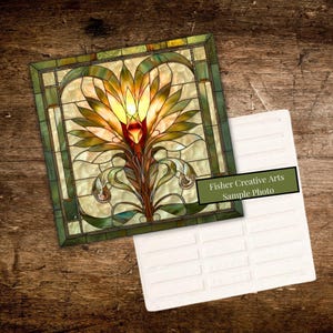 Stained Glass Look Lotus Art Tile | Amber & Green Art Nouveau | Vintage Botanical Wall Art | Zen Home Decor | Gift for Her, Mom | Meditation image 3