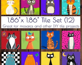 Whimsical Cats Set of 12 Tiles for Crafts, Magnets, and DIY Projects | 1 dozen Cat Tiles | Mosaic Craft Supplies | Magnet Making Supplies