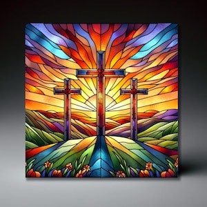 Christian Cross Ceramic Art Tile | Stained Glass-Look Ceramic Tile | Gift for Christian | Christian Decor | Easter Gift |  | 2 size options