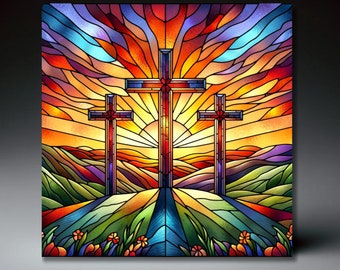 Christian Cross Ceramic Art Tile | Stained Glass-Look Ceramic Tile | Gift for Christian | Christian Decor | Easter Gift |  | 2 size options