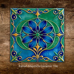 Italian Majolica Floral Ceramic Tile | Blue Green Deruta Style | Kitchen Backsplash Tile | Bathroom Wall Tile | Mediterranean Tile | Trivet