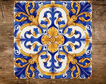 Italian Majolica Tile Backsplash, Blue and Yellow Mediterranean Ceramic, Talavera Style, Spanish Kitchen Backsplash, Cobalt Blue Pattern