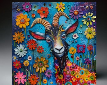 Colorful Black Goat Folk Art Ceramic Tile | Whimsical Art | Farm Life Art | Wall Art | Kitchen Decor | Goat Lover Gift | Ceramic Tile Art