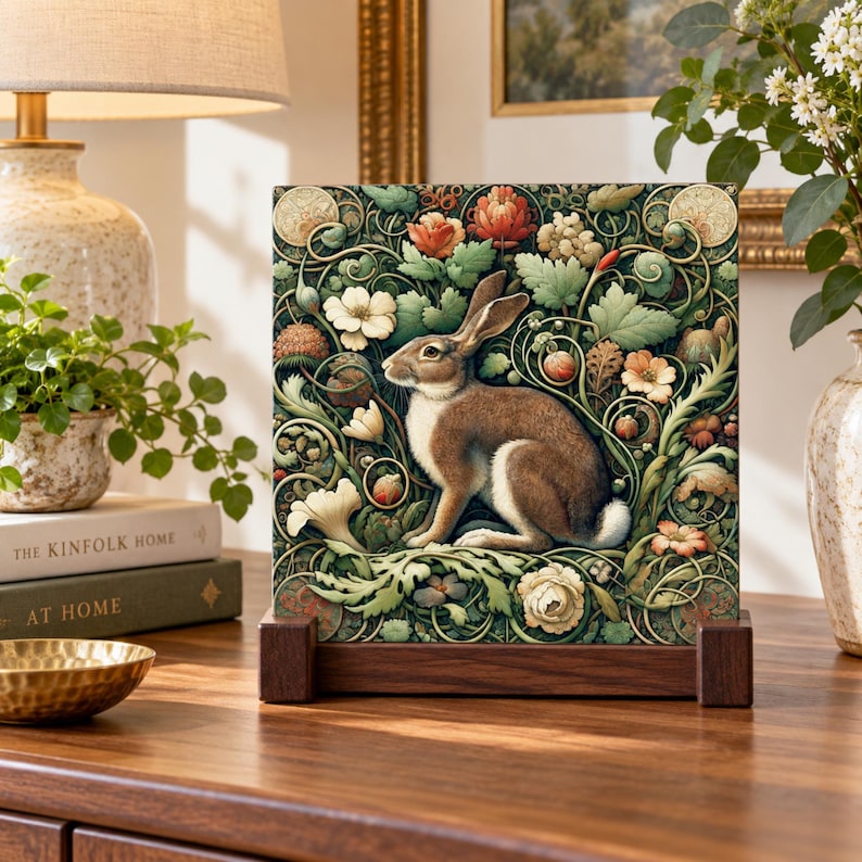 May include: A square decorative tile featuring a brown rabbit centered among intricate green foliage, red flowers, and white blossoms. The tile is held upright by a dark wooden stand, showcasing a detailed botanical illustration with a white tail.
