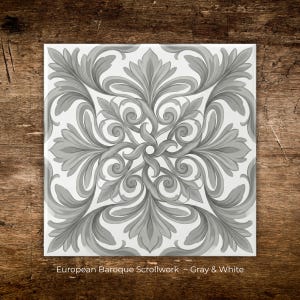Gray and White Backsplash Tile • Ornate Kitchen Tile • Decorative Ceramic Tile • Gray Bathroom Tile • Classic Pattern Wall Tile
