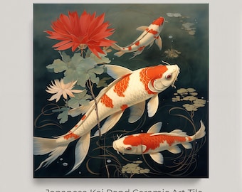 Koi Fish Art Tile | Japanese Koi Pond Tile | Water Lily Tile Art | Japanese Garden Decor | Fish Lover Gift | Ceramic Art Tile |