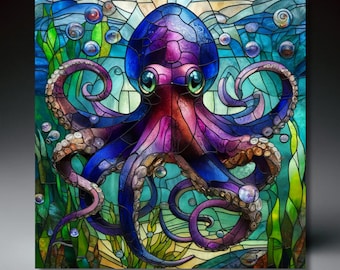 Octopus Stained Glass-look Ceramic Art Tile | Coastal Wall Art | Ocean Art | Beach House Decor | Ceramic Wall Art | Nautical Home Decor