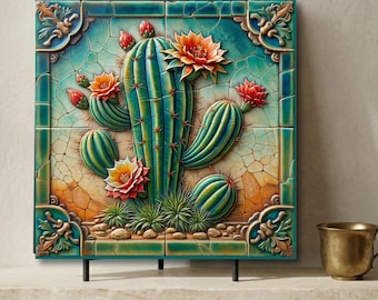 Desert Southwest Cactus Art Tile | Southwestern Cactus Decor | Trivet Option | Desert Wall Art | Housewarming Gift | Cactus Lover Gift