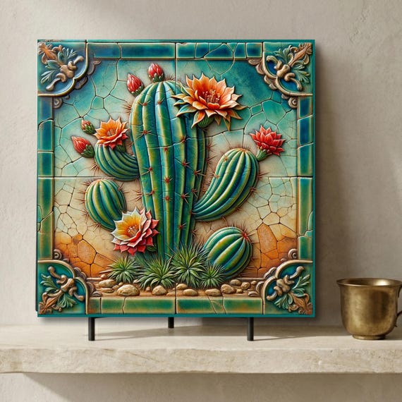 Desert Southwest Cactus Art Tile | Southwestern Cactus Decor | Trivet Option | Desert Wall Art | Housewarming Gift | Cactus Lover Gift