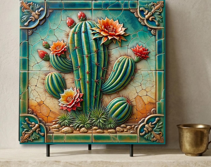 Desert Southwest Cactus Art Tile | Southwestern Cactus Decor | Trivet Option | Desert Wall Art | Housewarming Gift | Cactus Lover Gift