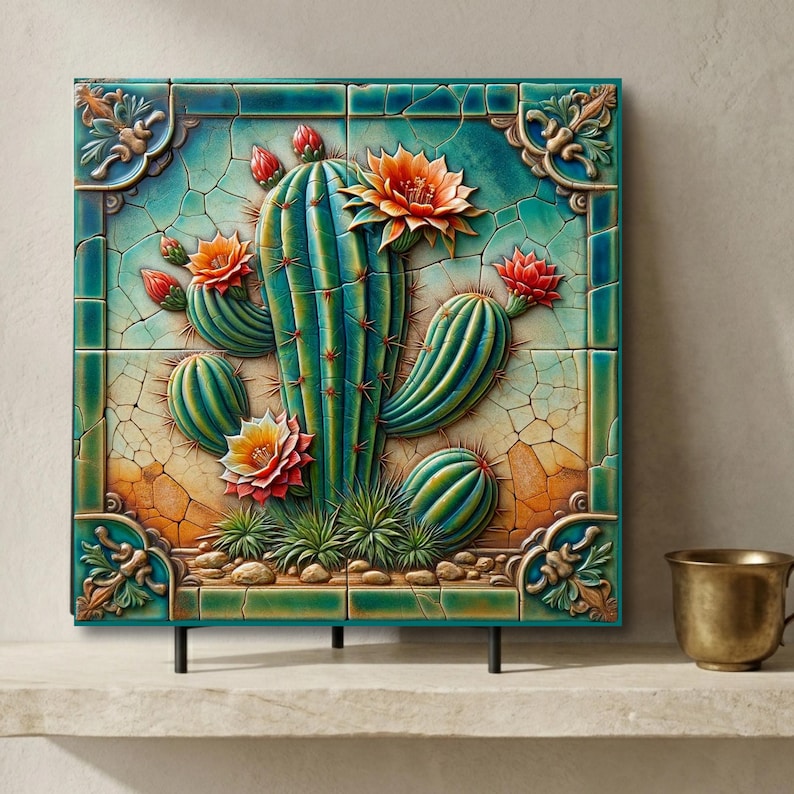 Desert Southwest Cactus Art Tile | Southwestern Cactus Decor | Trivet Option | Desert Wall Art | Housewarming Gift | Cactus Lover Gift image 1